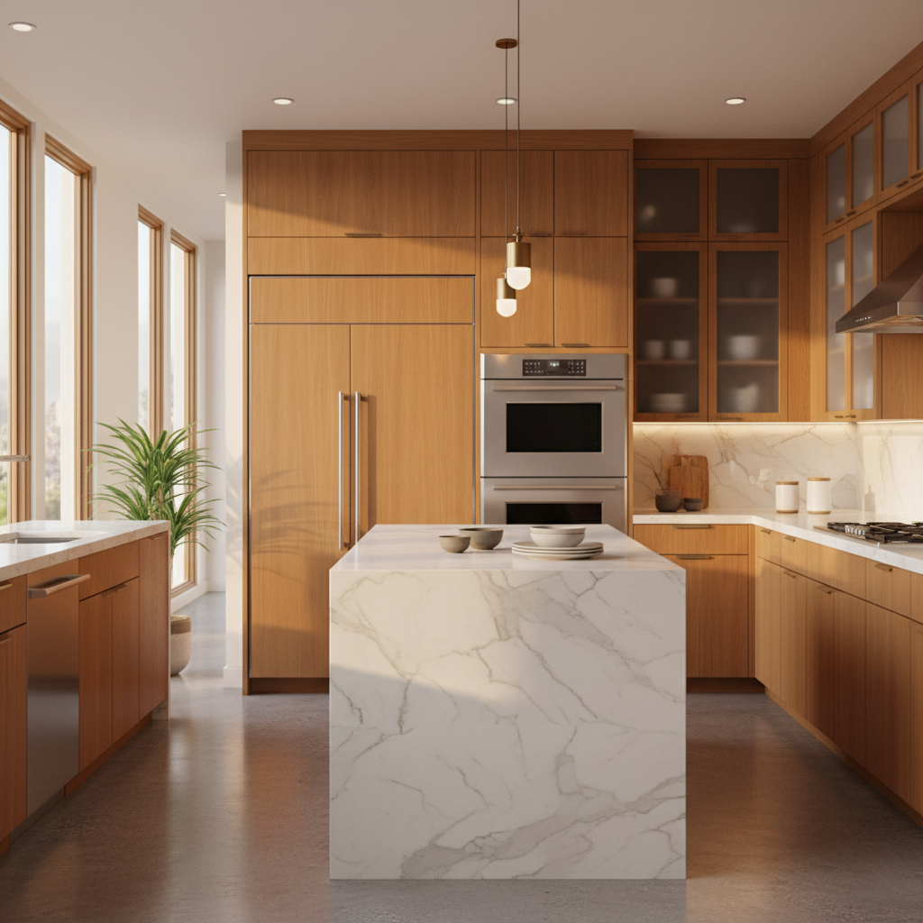 Bright upscale kitchen interior with integrated refrigerator and wall oven