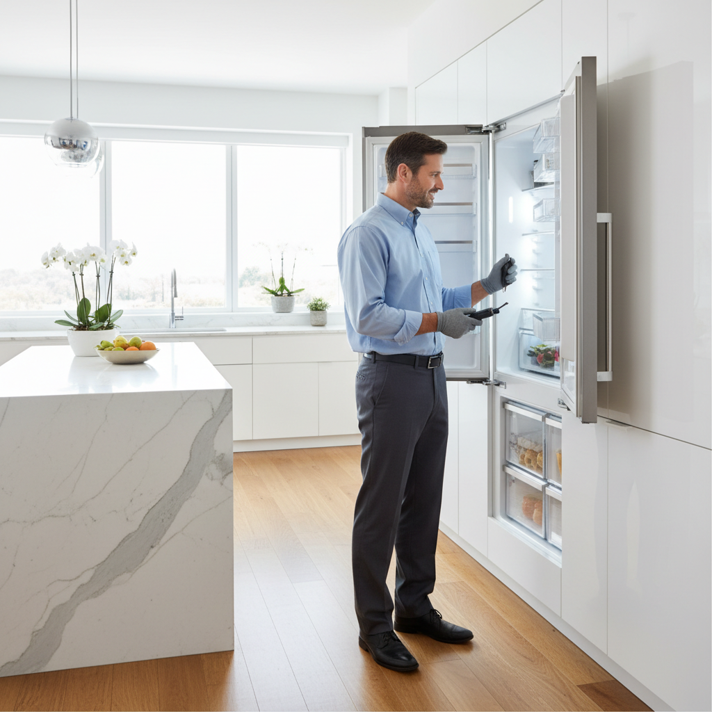 Professional appliance repair technician inspecting a built-in refrigerator